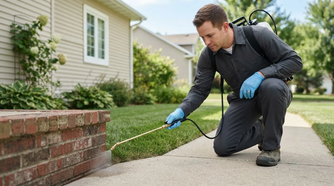 Pest control technician treating a home near Maryland Heights, MO